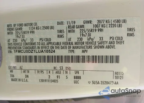 2020 Ford Escape Titanium Hybrid z USA, uszkodzony, nr VIN 1FMCU0DZ1LUA10524